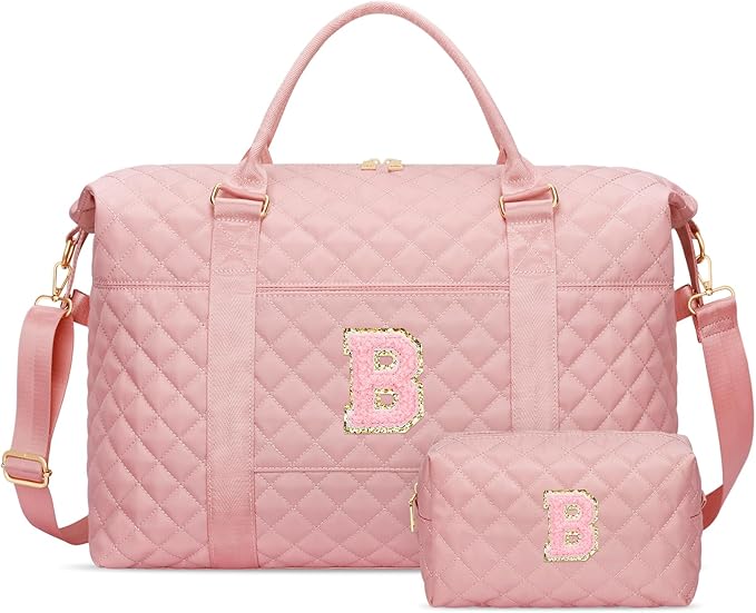 Gifts for Teen Girl, Initial Travel Duffle Bag, Personalized Women Weekender Overnight Bags, Gift for Daughter Kid Girl Wife Friend（Pink,B)