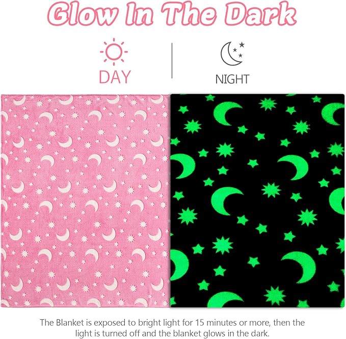QSTEHEML Pink Moon Glow in The Dark Blanket,Star Gifts Toys for Kids Girls Birthday Christmas Bedroom Decor for Age 3-12 Years Old Toddler Teens Child Daughter Soft Luminous Blanket，50"×60"