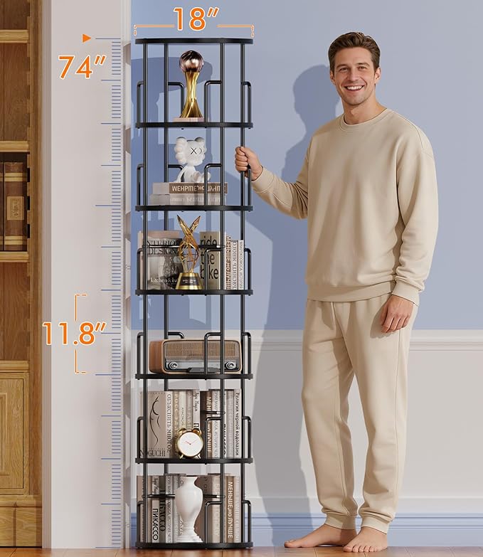 6 Tier Rotating Bookshelf Tower Round Black,74”Tall Spinning Bookshelf Tower Anti-Tipping Design,Metal & Wood Standing Revolving Bookcase Stackable Space Saving for Small Spaces,Study,Living Room