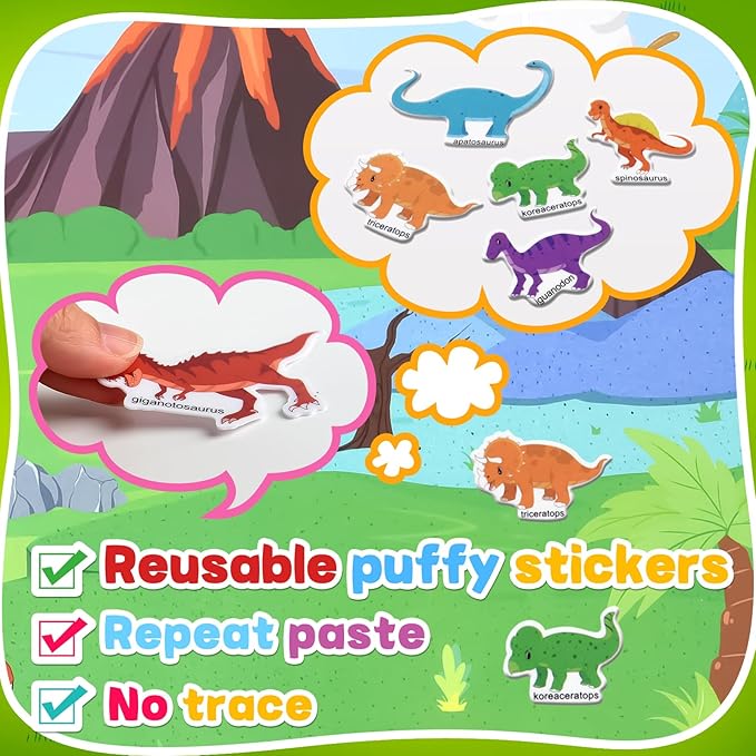 ASTARON 3 Pack Reusable 3D Puffy Sticker Book for Kids 3-6, Jelly Sticker Game Educational Sensory Learning Toy, Travel Toys and Busy Book(Dino Car Animal)