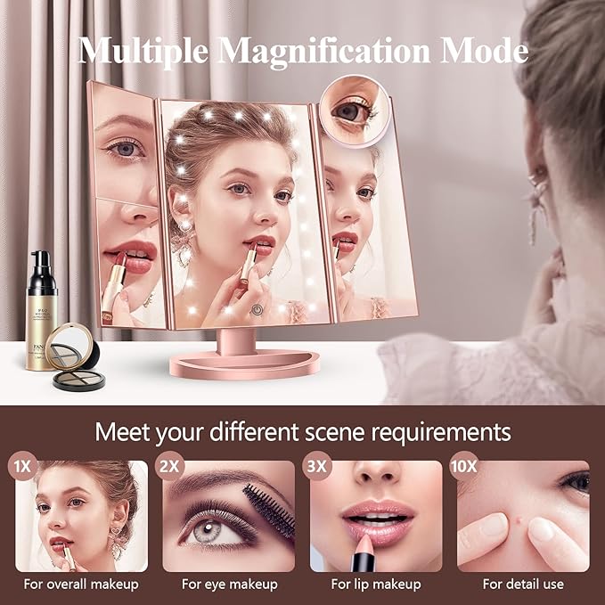 HUONUL Makeup Mirror Vanity with Lights, 2X 3X 10X Magnification, Touch Control, Trifold Mirror, Dual Power Supply, Gifts for Women, Wife, Mom, Teengirls(Rose Gold)