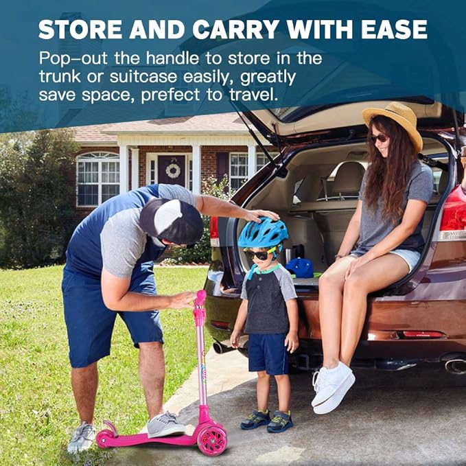 BELEEV Scooters for Kids 3 Wheel Kick Scooter for Toddlers Girls Boys, 4 Adjustable Height, Lean to Steer, Light up Wheels, Extra-Wide Deck, Easy to Assemble for Children Ages 3-12 (Rose Pink)