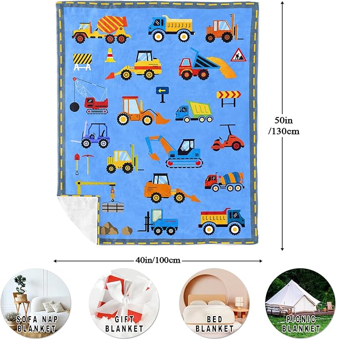 Construction Toddler Blanket 50"x40", Christmas Car Blanket for Kids, Toddler Birthday Gifts for Boys, Kids Birthday Gift, Truck Tractor Crane Excavator Forklift Gifts