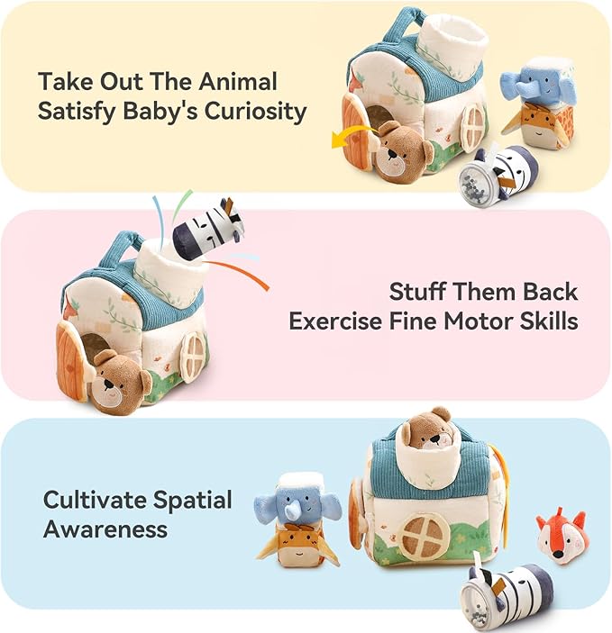Youuys Travel Sensory Toys for Babies 6-12 Months & Toddlers 1-3 Year Old On-The-Go Montessori Soft Stuffed Animal Set with Crinkle, Rattle, Safe Mirror Educational for Kids Boy Girl