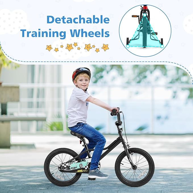 BABY JOY Kids Bike, 12 14 16 18 Inches Car Pattern Sporty Bicycle w/Removable Training Wheels, Hand & Coaster Brakes, Adjustable Seat & Handlebar, Girls Boys Bike