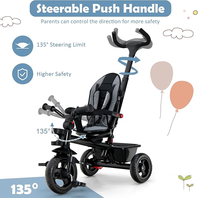 BABY JOY Tricycle, 5 in 1 Toddler Bike W/Removable Push Handle, Reversible Seat, EVA Wheel, Adjustable Canopy, Cup Holder & Storage, Ideal for Kids 1.5-5 Years Old, Tricycle for Toddler (Grey)