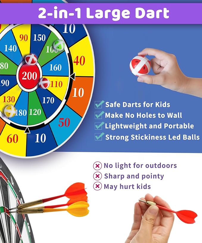 2 in 1 29" Large LED Dart Board for Kids 8-12 Games with LED Sticky Balls, Indoor & Outdoor Games for Kids 8-12, Board Games for Kids