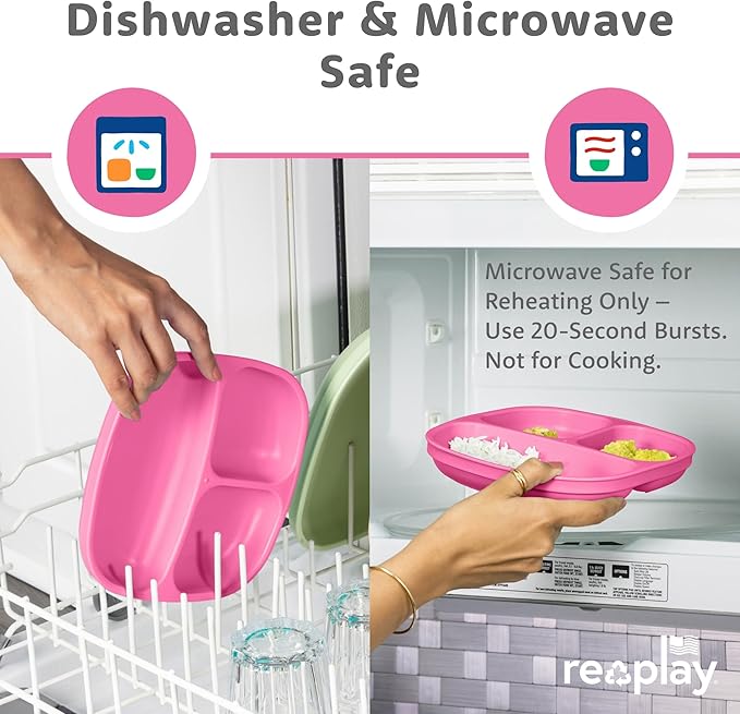 Re-Play Toddler Plates with Dividers - Deep-Walled 3 Compartments Divided Plates for Kids - Dishwasher & Microwave Safe - Made in USA - Set of 3-7.37" x 7.37" x 1.25" - Princess
