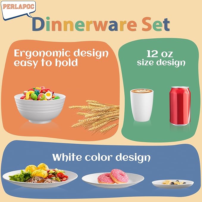 40 PCS Wheat Straw Dinnerware Sets, Service for 8 - Dinner Plates, Cereal Bowls, Drinking Glasses, Unbreakable Plastic Plates and Bowls Sets, Dishwasher and Microwave Safe for Kitchen - White