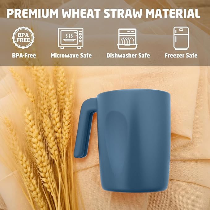 Wheat Straw Coffee Mugs 16 oz, Drinking Cups Set of 6, Plastic Mugs With Handle Unbreakable Coffee Cups, Microwave and Dishwasher Safe Tea Cups for Kitchen, Camping, RV - Blue