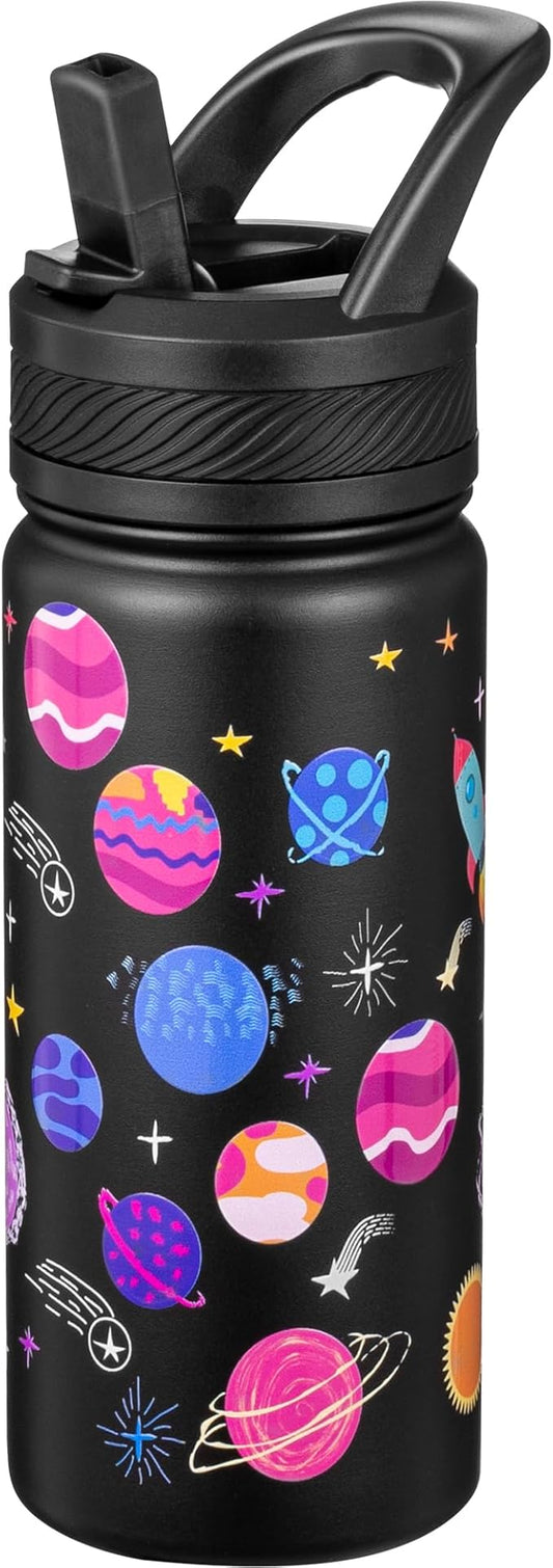 Fanhaw 18 Oz Kids Insulated Water Bottle with Straw - Stainless Steel Double Wall Vacuum Cup, Leakproof, BPA Free, Suitable for Boys and Girls(Black - Solar System)