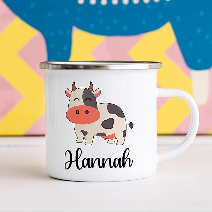 Personalized Mug for Kids, Boys, Girls | Customized Cocoa, Hot Chocolate, Coffee & Milk Cup | Custom Name Birthday Gift Party Favors | 11 Oz Stainless Steel Camping Mug Unbreakable | Cow