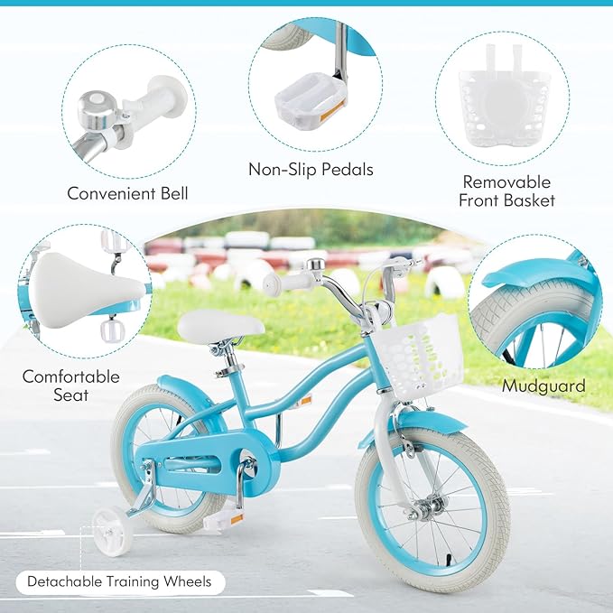 COSTWAY Kids Bike, 12 14 16 18 Inch Toddler Bike Children Bicycle w/Training Wheels, Hand & Coaster Brakes, Adjustable Saddle & Handlebar, Basket, Bell, Kids Bicycle for Girls Boys Aged 3-8 Years Old