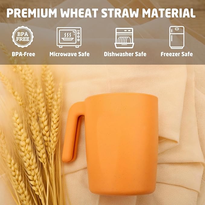 Wheat Straw Coffee Mugs Set of 6, Plastic Coffee Cups 16 OZ, Microwave and Dishwahser Safe Plastic Mugs with Handles, Unbreakable Camping coffee Mugs for Tea, Kitchen, RV - Multicolor