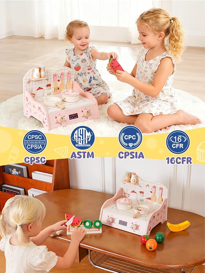 VBABY Wooden Play Kitchen Set, Small Toddler Kitchen Playset with Cutting Fruits, Pretend Cooking Toy for Kids, CPC Certified Premium Present for Toddlers 1-3