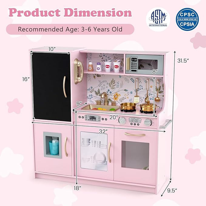 Costzon Kids Kitchen Playset, Wooden Pretend Cooking Toy Set w/Sound, Large Blackboard, Telephone, Microwave, Ice Maker, Dishwasher, Oven, Storage Space, Play Kitchen for Kids Ages 3+ (Light Pink)