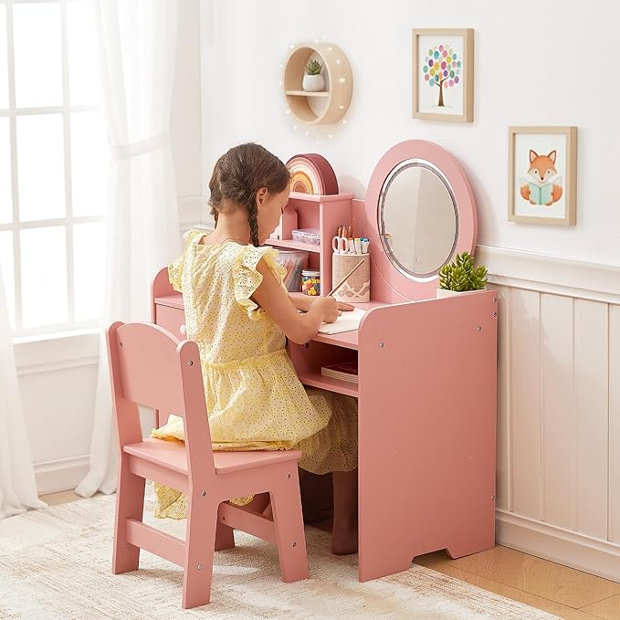 Toddler Vanity with Lighted Mirror, Kids Vanity Table and Chair Set with Open Bookshelf, Storage Cabinet & Shelves, Pink Dressing Table for Girls