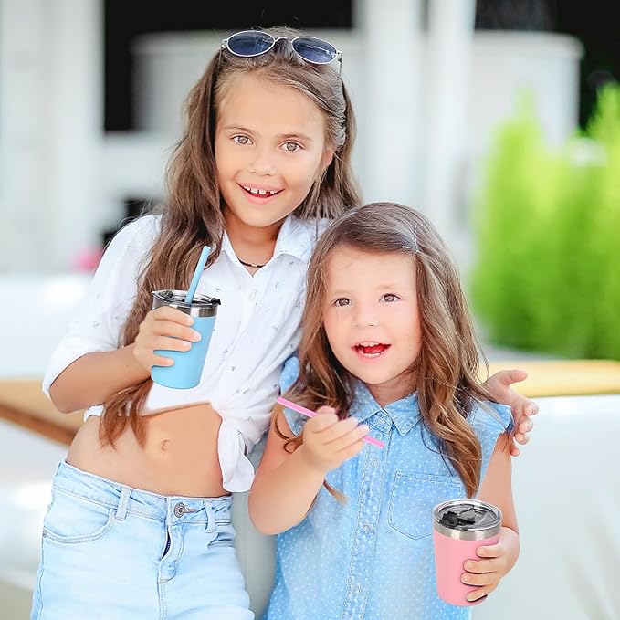 Toddler Straw Cups, 8oz Stainless Steel Insulated Tumblers with Lids and Straws, Powder Coated Double Wall Vacuum Kids Drinking Sippy Cups for Baby Boys Girls, 4 Pack