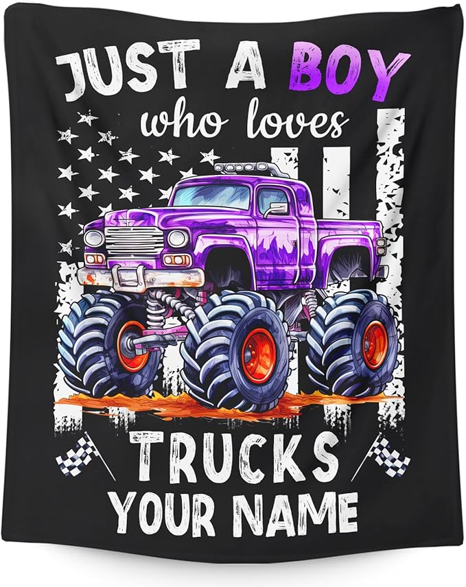 Personalized Truck Blanket for Kids Adults Boys Men - 60x80 Inches Cute Truck Throw Blanket Gifts for Truck Lovers - Custom Black Soft Fuzzy Car Stuff Decor for Couch Bed Sofa