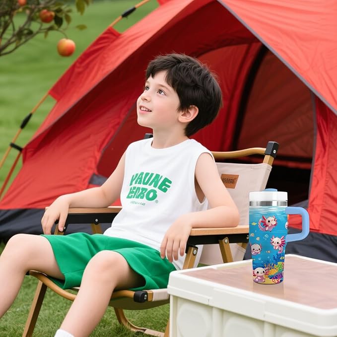 Axolotl Gifts for Girls - 14oz Blue Kids Axolotl Tumbler with Handle and Straw, Stainless Steel Insulated Water Cup, for Sport, School, Travel - Axolotl Lovers Gift for Children Birthday Gift Cup(1pc)