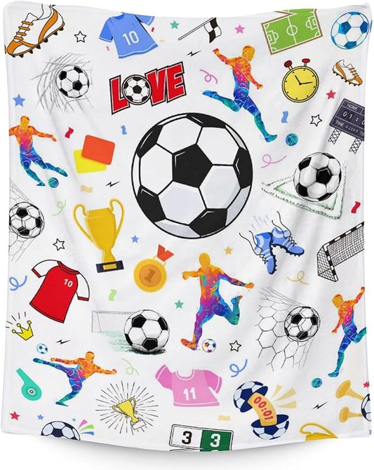 Soccer Blanket for Kids - 40x50 Inches Small Size - Soft Fuzzy Cozy Throws Gifts for Soccer Players - Colorful Sports Throw Blanket for Couch, Living Room & Office