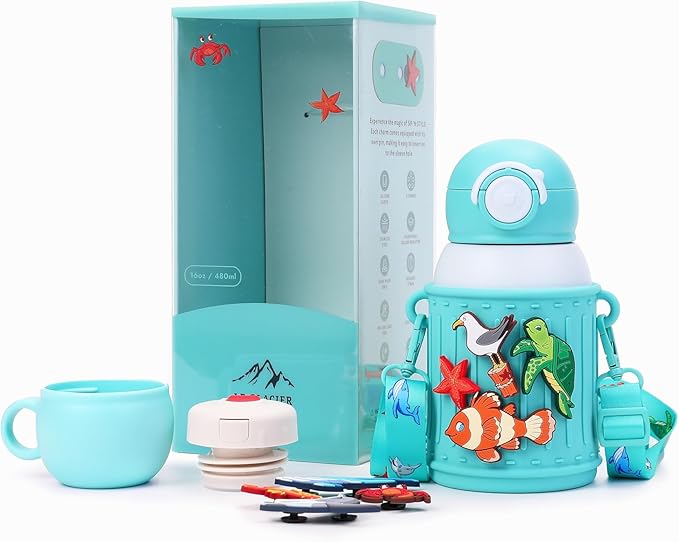 Kids Insulated Tumbler Set – 16 oz Stainless Steel Bottle with 2 Lids (Straw + Pour), Screw-On Cup, Adjustable Strap, Silicone Sleeve + 8 Charms – BPA-Free, Gift-Ready (Ocean Life)