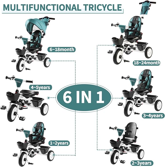 Baby Trike, 6-in-1 Kids Tricycle with Adjustable Push Handle, Removable Canopy, Safety Harness for 18 Months - 5 Year Old(Green)