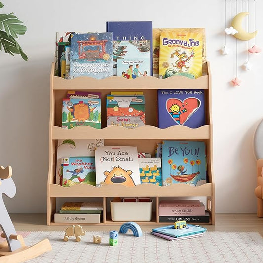 4-Tier Kids Book Shelf, Wooden Toddler Bookshelf with Toy Organizer, Montessori Nursery Bookcase for Boys Girls Bedrooms Playroom Classroom