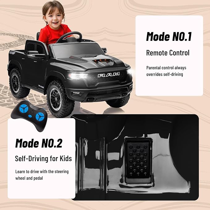 Ram 1500 Ride on Toys for Kids 4-8, Ride on Pickup Truck for Toddlers with Remote Control,12V Battery Powered Car with Trunk, Bluetooth, Music, Safety Belt (Black)