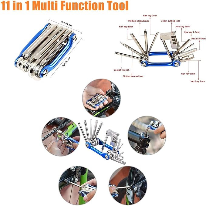 Bicycle Tire Pump, Bike Repair Tool Kits Saddle Bag, Patches, 11 in 1 Multi Function Tool, Lever, Link Plier, Missing for Road Mountain BMX , Chain Breaker Splitter