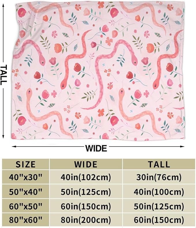Cute Snake Reptile Blanket Ultra Soft Cozy Pink Flower Snake Throw Blanket Fleece Fuzzy Plush Bedding Blanket Real Snake Lovers Gifts for Women Girls Kids Adults Couch Sofa 60"x50"