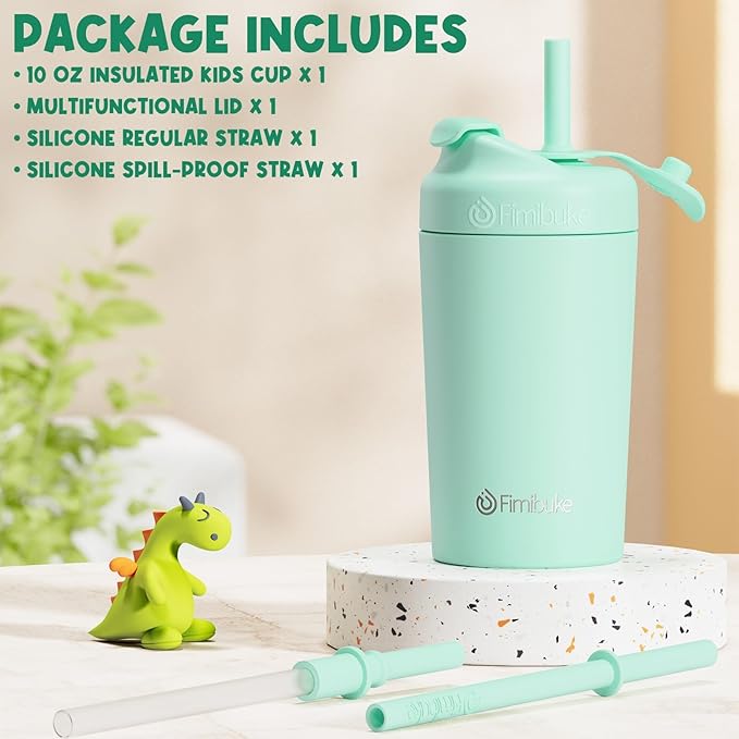 Fimibuke Kids & Toddler Cups, 10 OZ Spill Proof Straw Cups for Toddlers, Leak-Proof Kids Insulated Tumblers with Screw-On Lid & Silicone Straws with Stopper, Stainless Steel Sippy Cup for Girls Boys