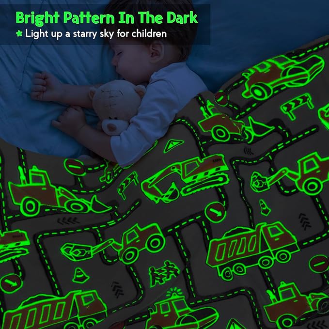 Kids Boys Construction Excavator Gifts Toys - Glow in The Dark Truck Blanket Birthday Christmas Valentine's Easter Gift for Age 1 2 3 4 5 6 7 8 9 10 Years Old Teen Toddlers Car Plush Throw 50"x60"