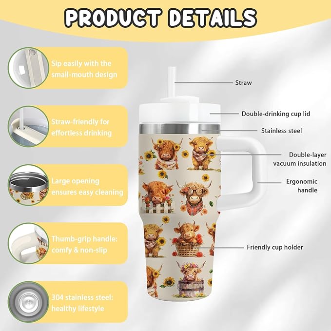 Highland Cow Gifts - 14oz Kids Highland Cattle Yak Tumbler with Handle and Straw, Stainless Steel Insulated Water Cup, for Boys & Girls, Travel - Farm Animal Cow Children Birthday Gift Cup(1pc)