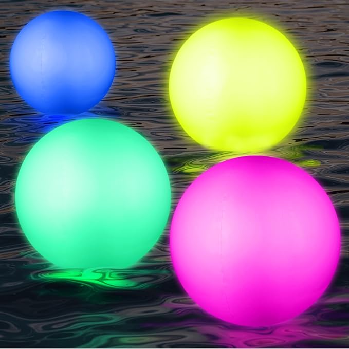 Pool Toys, LED Beach Ball, Glow in Dark Party Supplies, 4 Pack Inflatable Light up Ballon 12'' Floating Pool Light with Remote 16 Color 4 Mode