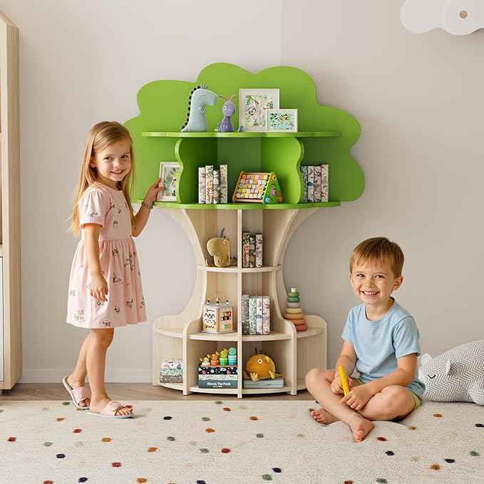 Tree Kids Bookshelf, Fun and Sturdy 5-Tier Wooden Book Organizer, Montessori Nursery Book Shelf for Toddlers, Kids Room and Playroom-YWL