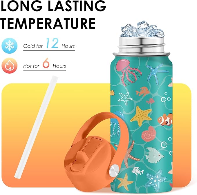 Ocean Gifts for Kids - 16 Oz Green Water Bottle with Straw Lid, Stainless Steel Insulated Tumbler, Leak Proof, BPA-Free, for Girls & Boys, School, Beach - Marine Life Lovers Birthday Gifts (1pc)