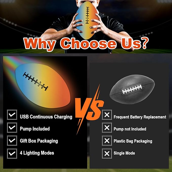 Rechargeable Glow in The Dark Football for Kids 8-12 with Pump, 4 Modes Light Up Footballs for Kids 8-12, Night Led Youth Kid Junior Beach Football, Birthday Footballs Stuff Gifts Toys