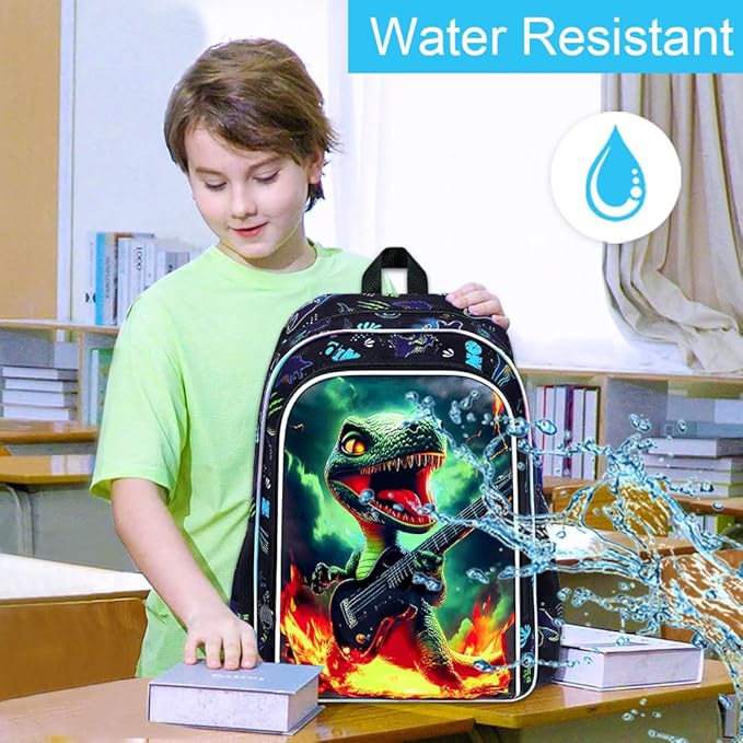 16" Dinosaur Backpack for Boy, 3Pcs Bookbag for Elementary Preschool Kindergarten, Kids School Backpacks with Lunch Box (Black)