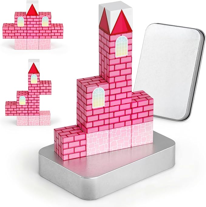 3 otters 12PCS Magnetic Building Blocks, STEM Learning Toys Magnetic Cube Kids Travel Activities with Storage Box for Girls Boys Birthday Christmas Party Gift (Castle)