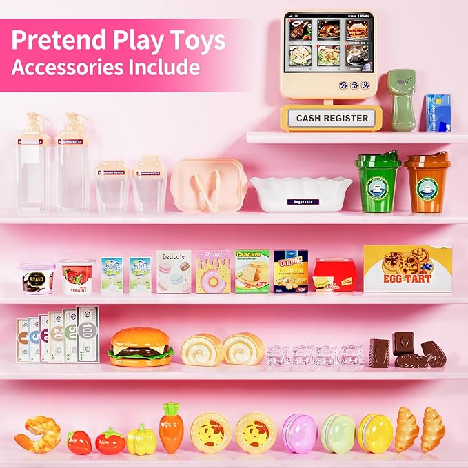 Play Food Store Toys for Kids, Pretend Play Grocery Store with Kids Cash Register with Touchscreen Voice Order, Toy Foods, Play Money, Interactive Preschool Toys for Girls Gift 3+