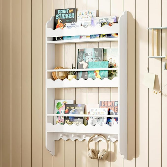 Treocho Kids Bookshelf, 3-Tier Wall Mounted Book Shelf, Kids Bookshelf and Toy Storage for Living Room, Bedroom and Nursery, White