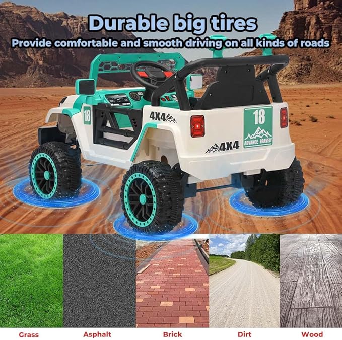 12V Kids Car, 4x4 Electric Car for Kids with Remote Control, LED Headlights & Music, Ride-On Truck Toy Gift for Boys Girls 3-8 Years (Jade Green & White)