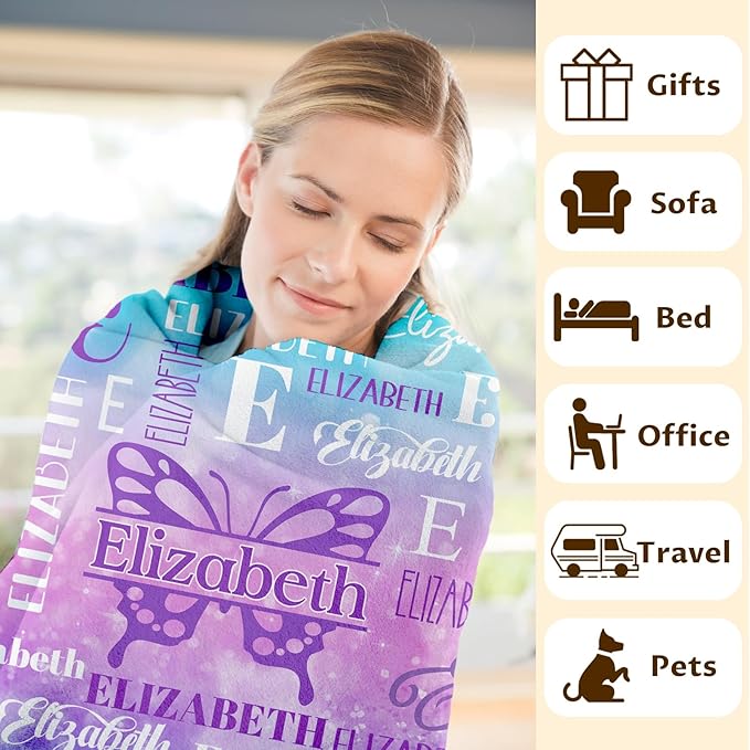 Personalized Butterfly Blankets for Kids Teens Adults, Girls Women Throw Blanket Gifts for Butterfly Lovers, Custom Name Soft Warm Flannel Monogram Blankets Decor for Bed Couch Sofa Home Room