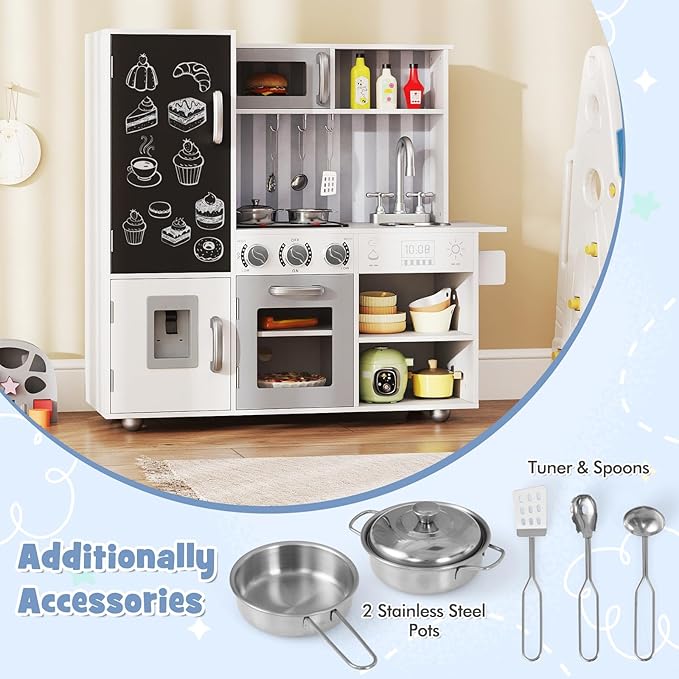 HONEY JOY Kids Kitchen Playset, Wooden Little Chef Pretend Play Kitchen Set w/Chalkboard & Water Dispenser, Lighted Stove, Storage Cabinet, Utensils, Play Kitchen for Toddlers, White + Silver