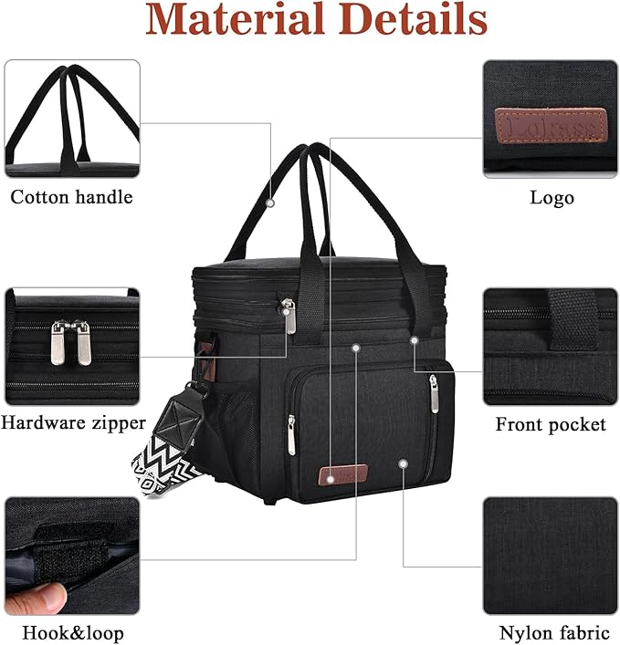 LOKASS Lunch Bag& Lunch Box for Men Women Double Deck,Large Insulated Adult Lunch Box Leakproof Lunchbox Cooler Bag for Work Picnic Beach,（Black,16L）