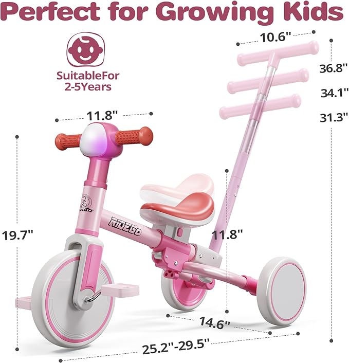 Ridego 5-in-1 Tricycle for Toddlers 2-5 Year Olds, Kids Balance Bike & Toddler Push Bike with Parent Handle, RGB Music Light, Tool-Free Assembly Birthday Gift for Boys Girls