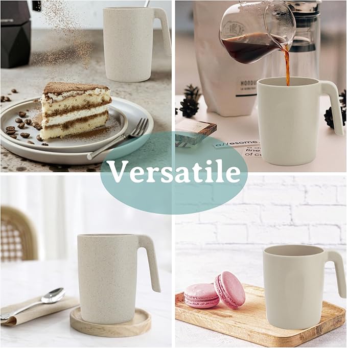 16oz Wheat Straw Cups with handles set of 6-Plastic Cups Reusable-Unbreakable Kids Mugs-Dishwasher Safe & Microwave Safe-Ideal Plastic Mugs for Tea,Coffee,Camping,RV-Beige