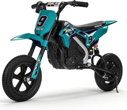 24V Electric Dirt Bike for Kids, 250W Electric Motorcycle Up to 11 MPH & 10 Miles Long-Range, Twist-Grip Throttle, 12" Knobby Tires, Spring Suspension, Music, Dark Green (Without Cover)