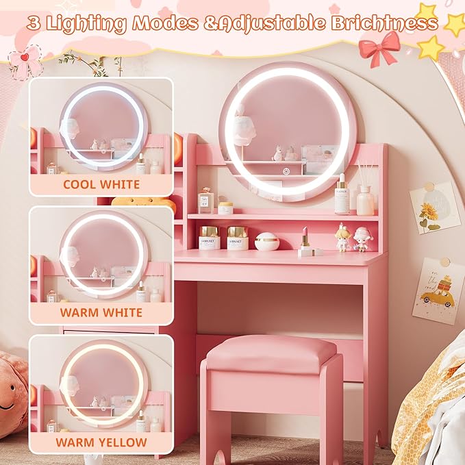 Vabches Kids Vanity with Lights, Princess Makeup Vanity Desk with Open Bookshelf, Storage Cabinet & Shelves, Toddler Vanity Table and Chair Set, Pretend Play Vanity Set for Little Girls, Pink